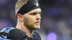 Detroit Lions defensive end Aidan Hutchinson (97) looks on from the sideline during the third quarter of an NFL, American Football Herren, USA Monday Night Football regular season football game between the Seattle Seahawks and the Detroit Lions on September 30, 2024 at Ford Field in Detroit, Michigan.