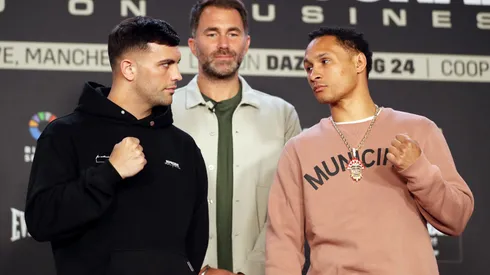 Jack Catterall (L) and Regis Prograis (R) face off in front of Promoter Eddie Hearn (C) during the Jack Catterall v Regis Prograis Press Conference at Co-op Live on July 03, 2024 in Manchester, England. (Photo by Charlotte Tattersall/Getty Images)