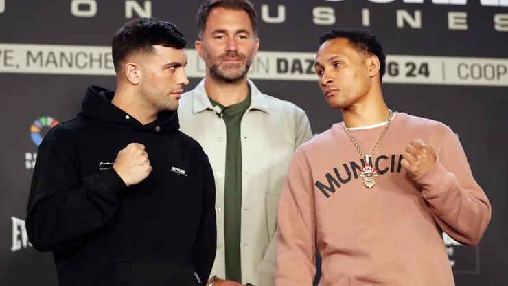 Jack Catterall (L) and Regis Prograis (R) face off in front of Promoter Eddie Hearn (C) during the Jack Catterall v Regis Prograis Press Conference at Co-op Live on July 03, 2024 in Manchester, England. (Photo by Charlotte Tattersall/Getty Images)