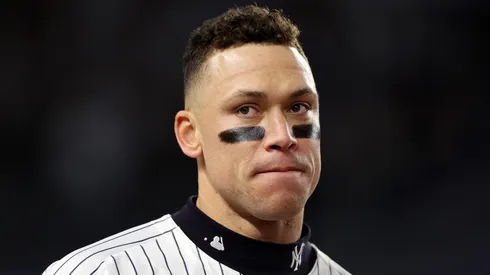 Aaron Judge #99 of the New York Yankees looks on in the seventh inning against the Cleveland Guardians during Game Two of the American League Championship Series at Yankee Stadium on October 15, 2024 in New York City.