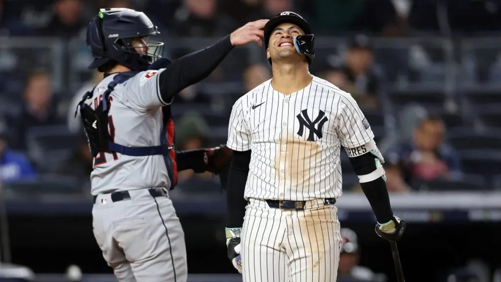 Gleyber Torres #25 of the New York Yankees reacts after striking out in the eighth inning against the Cleveland Guardians during Game Two of the American League Championship Series at Yankee Stadium on October 15, 2024 in New York City. (Photo by Elsa/Getty Images)
