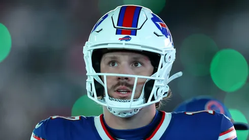 Josh Allen #17 of the Buffalo Bills looks on against the New York Jets at MetLife Stadium on October 14, 2024 in East Rutherford, New Jersey.