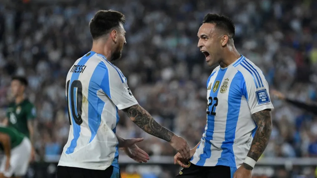 Lionel Messi and Lautaro Martinez celebrate Argentina’s second goal against Bolivia for Matchday 10 of the World Cup Qualifiers (Marcelo Endelli/Getty Images)