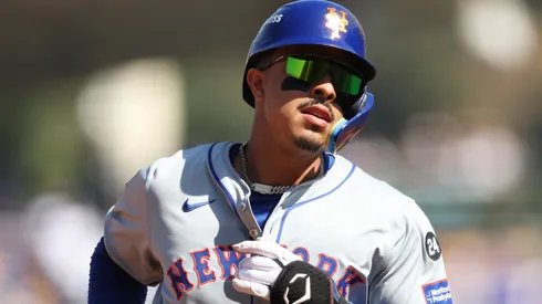 Mark Vientos #27 of the New York Mets runs the bases after hitting a grand-slam home run to take a 6-0 lead against the Los Angeles Dodgers in the second inning during Game Two of the Championship Series at Dodger Stadium on October 14, 2024 in Los Angeles, California.