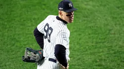 Aaron Judge #99 of the New York Yankees looks on against the Cleveland Guardians in Game Two of the Championship Series at Yankee Stadium on October 15, 2024 in the Bronx borough of New York City.