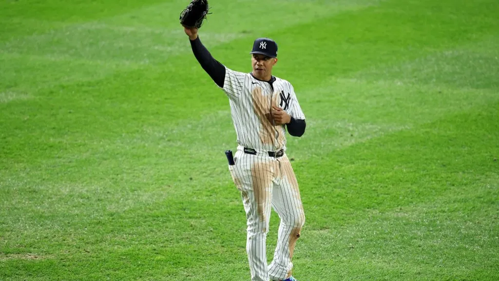 Juan Soto #22 of the New York Yankees reacts against the Cleveland Guardians in Game Two of the Championship Series at Yankee Stadium on October 15, 2024 in the Bronx borough of New York City. (Photo by Luke Hales/Getty Images)