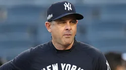 Manager Aaron Boone #17 of the New York Yankees looks on during batting practice prior to Game Two of the Division Series against the Kansas City Royals at Yankee Stadium on October 07, 2024 in New York City.