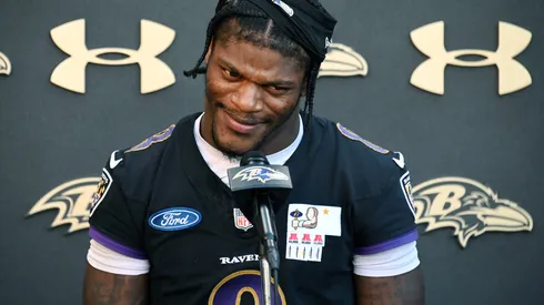Baltimore Ravens quarterback Lamar Jackson takes questions after practice at the Under Armour Performance Center on Wednesday, Oct. 9, 2024, in Owings Mills, Maryland.
