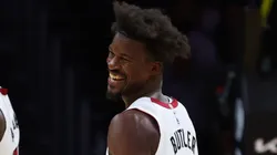 Jimmy Butler #22 of the Miami Heat reacts against the San Antonio Spurs during the second quarter of a preseason game at Kaseya Center on October 15, 2024 in Miami, Florida.