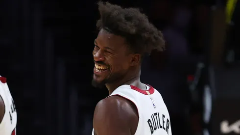 Jimmy Butler #22 of the Miami Heat reacts against the San Antonio Spurs during the second quarter of a preseason game at Kaseya Center on October 15, 2024 in Miami, Florida.
