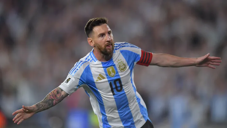 Lionel Messi of Argentina celebrates after scoring the team's first goal during the FIFA World Cup 2026 South American Qualifier match between Argentina and Bolivia