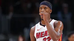 Jimmy Butler #22 of the Miami Heat reacts after drawing a foul against Bogdan Bogdanovic #13 of the Atlanta Hawks during the fourth quarter at State Farm Arena on April 09, 2024 in Atlanta, Georgia.