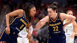 Indiana Fever stars Kelsey Mitchell and Caitlin Clark talk during WNBA game (