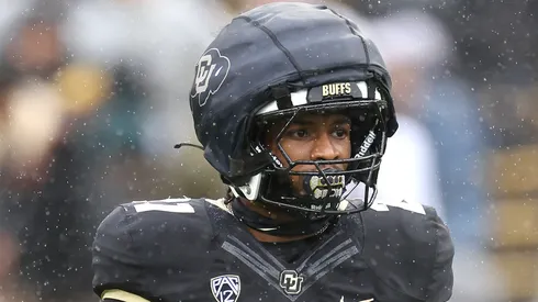 Shilo Sanders #21 of the Colorado Buffaloes walks on the field during their spring game at Folsom Field on April 27, 2024 in Boulder, Colorado.