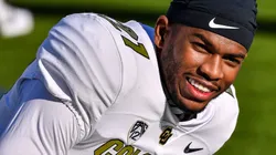 Colorado Buffaloes safety Shilo Sanders (21) on the field before the NCAA, College League, USA Football game between the UCLA Bruins and the Colorado Buffaloes at the Rose Bowl in Pasadena, California.