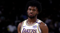 Bronny James #9 of the Los Angeles Lakers looks on during the second quarter against the Phoenix Suns at Acrisure Arena on October 06, 2024 in Palm Springs, California.