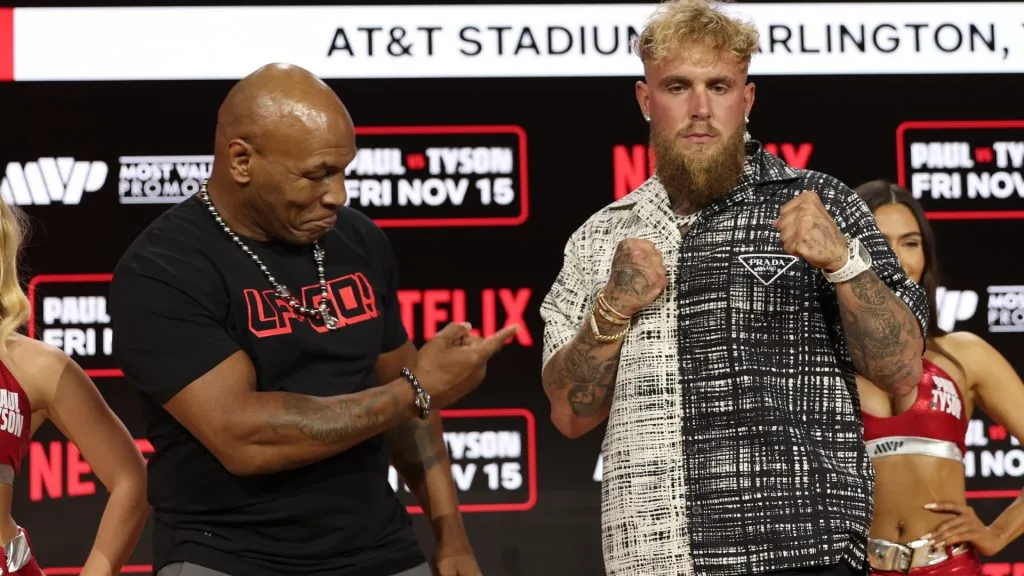 Mike Tyson and Jake Paul attend Fanatics Fest Press Conference at Javits Center on August 18, 2024 in New York City. (Photo by Michael Loccisano/Getty Images)