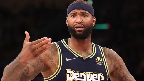 DeMarcus Cousins #4 of the Denver Nuggets looks for a call from referees during the second half of a game against the Los Angeles Lakers at Crypto.com Arena on April 03, 2022 in Los Angeles, California.