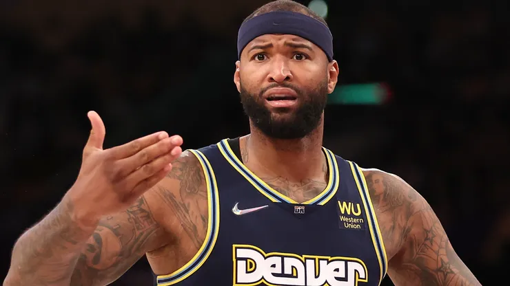 DeMarcus Cousins #4 of the Denver Nuggets looks for a call from referees during the second half of a game against the Los Angeles Lakers at Crypto.com Arena on April 03, 2022 in Los Angeles, California.