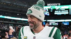 Aaron Rodgers #8 of the New York Jets interacts after the game at MetLife Stadium on October 14, 2024 in East Rutherford, New Jersey.