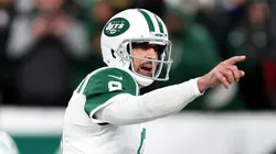 Aaron Rodgers #8 of the New York Jets in action against the Buffalo Bills at MetLife Stadium on October 14, 2024 in East Rutherford, New Jersey.