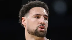 Klay Thompson #11 of the Golden State Warriors looks on during the first half of a game against the Los Angeles Lakers at Crypto.com Arena on March 16, 2024 in Los Angeles, California.