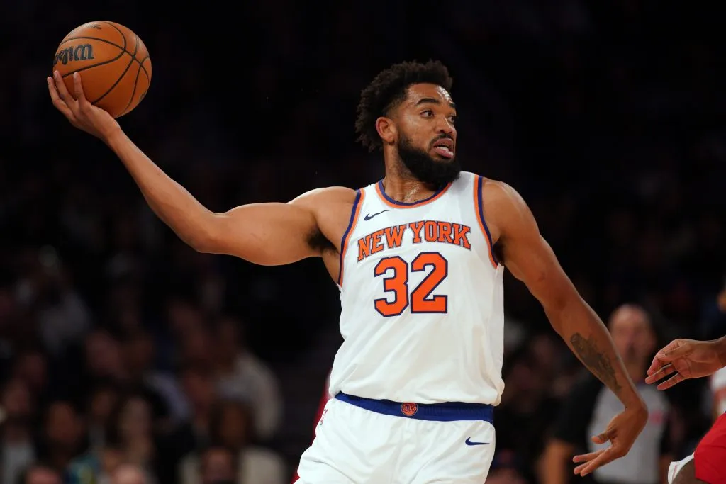 Karl-Anthony Towns #32 of the New York Knicks handles the ball against the Washington Wizards during the second half of a preseason game at Madison Square Garden. Evan Bernstein/Getty Images