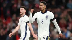 Jude Bellingham of England celebrates scoring his team's first goal to equalise during the UEFA Nations League 2024/25 League B Group B2 match between England and Greece at Wembley Stadium on October 10, 2024 in London, England. (Photo by Julian Finney/Getty Images)