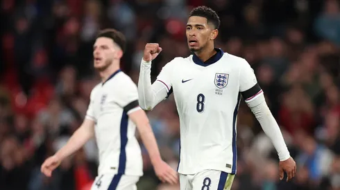Jude Bellingham of England celebrates scoring his team's first goal to equalise during the UEFA Nations League 2024/25 League B Group B2 match between England and Greece at Wembley Stadium on October 10, 2024 in London, England. (Photo by Julian Finney/Getty Images)
