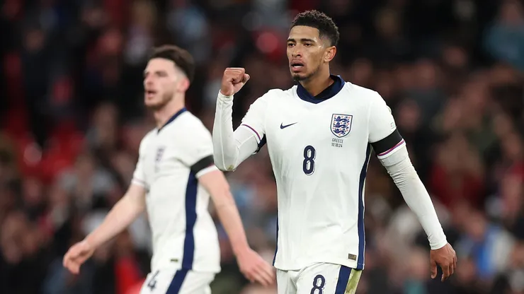Jude Bellingham of England celebrates scoring his team's first goal to equalise during the UEFA Nations League 2024/25 League B Group B2 match between England and Greece at Wembley Stadium on October 10, 2024 in London, England. (Photo by Julian Finney/Getty Images)