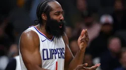 James Harden #1 of the LA Clippers reacts after drawing a foul on a three-pointer against the Atlanta Hawks during the fourth quarter at State Farm Arena on February 05, 2024 in Atlanta, Georgia.