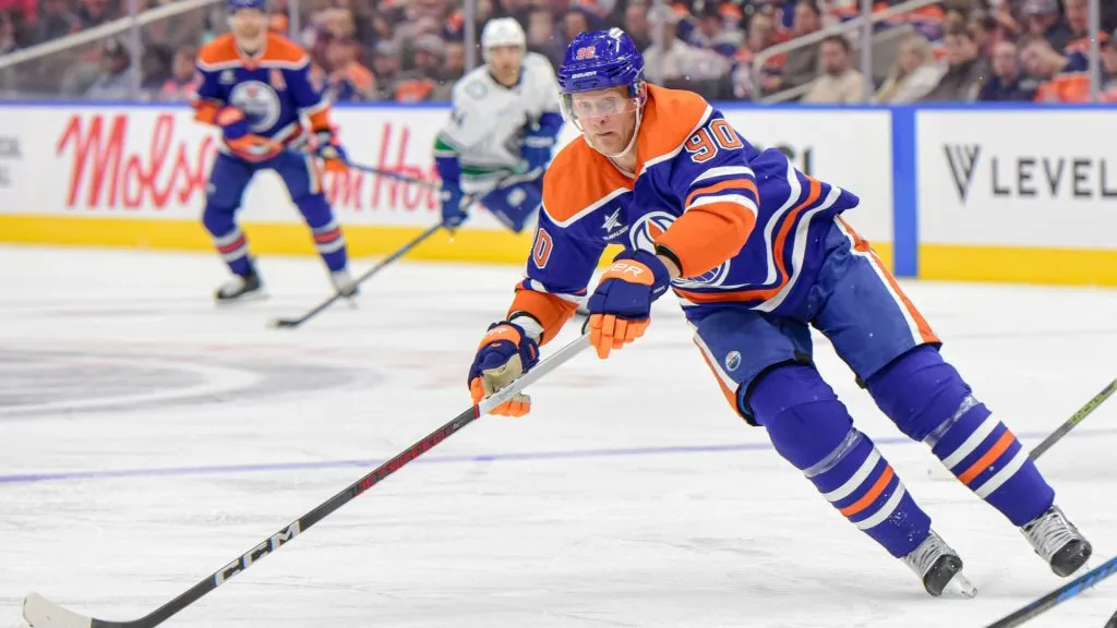 Corey Perry #90 of the Edmonton Oilers skates in the second period of a preseason game against the Vancouver Canucks at Rogers Place on September 30, 2024, in Edmonton, Alberta, Canada. (Photo by Leila Devlin/Getty Images)