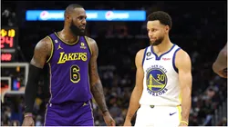 LeBron James of the Los Angeles Lakers speaks to Stephen Curry of the Golden State Warriors