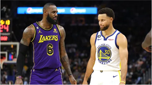 LeBron James of the Los Angeles Lakers speaks to Stephen Curry of the Golden State Warriors