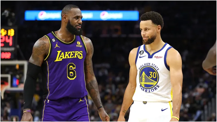 LeBron James of the Los Angeles Lakers speaks to Stephen Curry of the Golden State Warriors