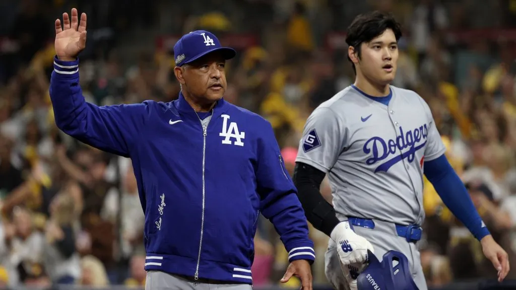 Manager Dave Roberts after Shohei Ohtani #17 of the Los Angeles Dodgers is thrown out at home plate in the fourth inning during Game Four of the Division Series. (Photo by Harry How/Getty Images)