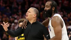 James Harden #1 holds back LA Clippers head coach Tyronn Lue during their game against the Golden State Warriors at Chase Center on February 14, 2024 in San Francisco, California.