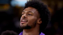 Bronny James #9 of the Los Angeles Lakers looks on during warm ups prior to the game against the Phoenix Suns at Acrisure Arena on October 06, 2024 in Palm Springs, California.