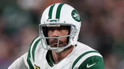 Aaron Rodgers #8 of the New York Jets looks during the first quarter against the Buffalo Bills at MetLife Stadium on October 14, 2024 in East Rutherford, New Jersey.