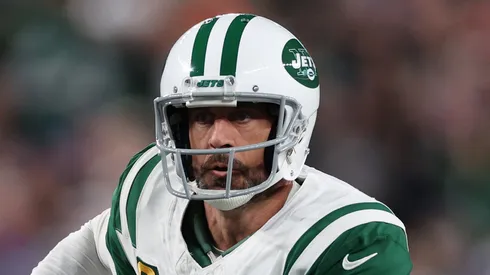 Aaron Rodgers #8 of the New York Jets looks during the first quarter against the Buffalo Bills at MetLife Stadium on October 14, 2024 in East Rutherford, New Jersey.