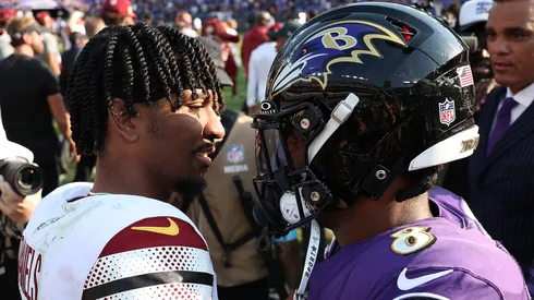 Jayden Daniels greeting Lamar Jackson after the Ravens vs. Commanders game
