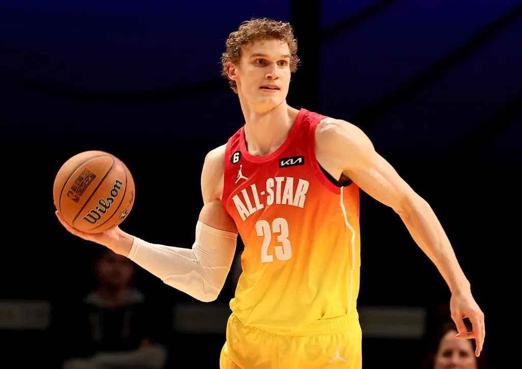 Lauri Markkanen #23 of the Utah Jazz looks to pass during the third quarter in the 2023 NBA All Star Game. Tim Nwachukwu/Getty Images