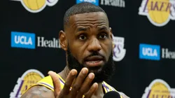 LeBron James #23 of the Los Angeles Lakers speaks during a Los Angeles Lakers media day at UCLA Health Training Center on September 30, 2024 in El Segundo, California.