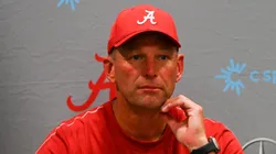 Kalen DeBoer of the Alabama Crimson Tide during a press conference after the loss against the Vanderbilt Commodores at FirstBank Stadium on October 5, 2024 in Nashville, Tennessee.
