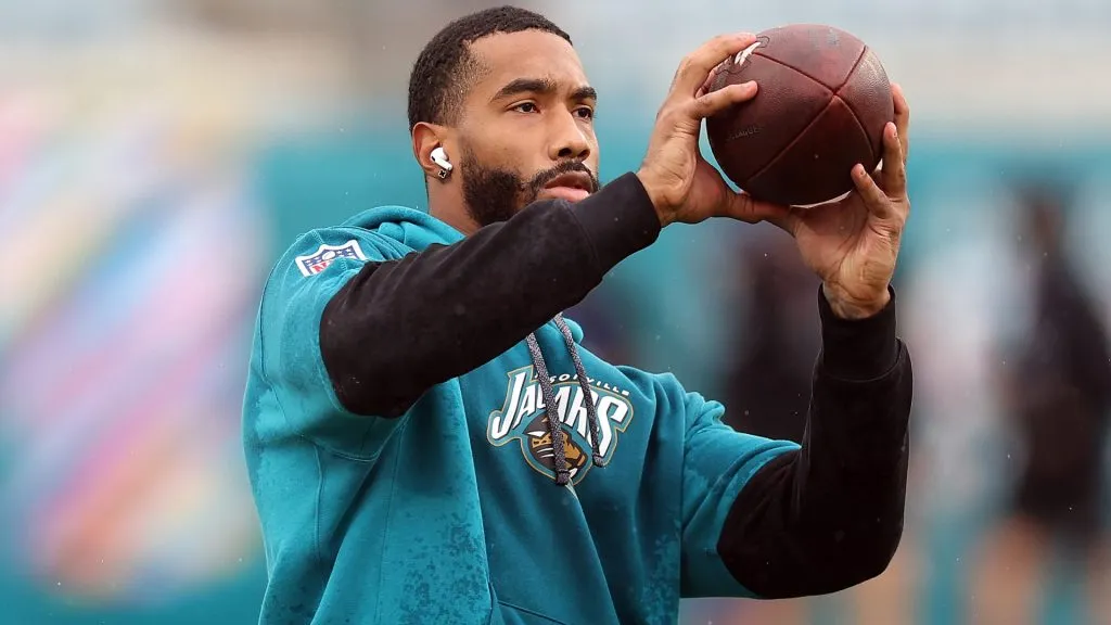 Andre Cisco #5 of the Jacksonville Jaguars warms up prior to a game against the Indianapolis Colts at EverBank Stadium on October 06, 2024 in Jacksonville, Florida.