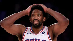 Joel Embiid #21 of the Philadelphia 76ers reacts after he turned the ball over to the New York Knicks during the second half at Madison Square Garden on April 30, 2024 in New York City. The Philadelphia 76ers defeated the New York Knicks 112-106 in overtime.