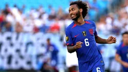 Gianluca Busio #6 of the United States smiles as he runs down the pitch during the first half of the Concacaf Gold Cup match against Trinidad and Tobago at Bank of America Stadium on July 02, 2023 in Charlotte, North Carolina. (Photo by David Jensen/Getty Images)