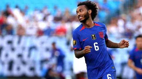 Gianluca Busio #6 of the United States smiles as he runs down the pitch during the first half of the Concacaf Gold Cup match against Trinidad and Tobago at Bank of America Stadium on July 02, 2023 in Charlotte, North Carolina. (Photo by David Jensen/Getty Images)
