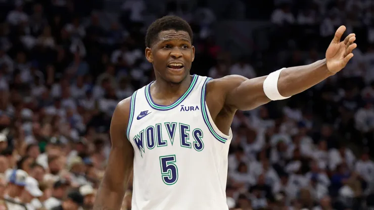 Anthony Edwards #5 of the Minnesota Timberwolves talks to referee Zach Zarba #15 during the second quarter against the Dallas Mavericks in Game Two of the Western Conference Finals at Target Center on May 24, 2024 in Minneapolis, Minnesota.