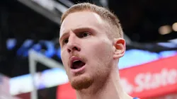 Donte DiVincenzo #0 of the New York Knicks reacts during the second quarter against the Indiana Pacers in Game Six of the Eastern Conference Second Round Playoffs at Gainbridge Fieldhouse on May 17, 2024 in Indianapolis, Indiana.
